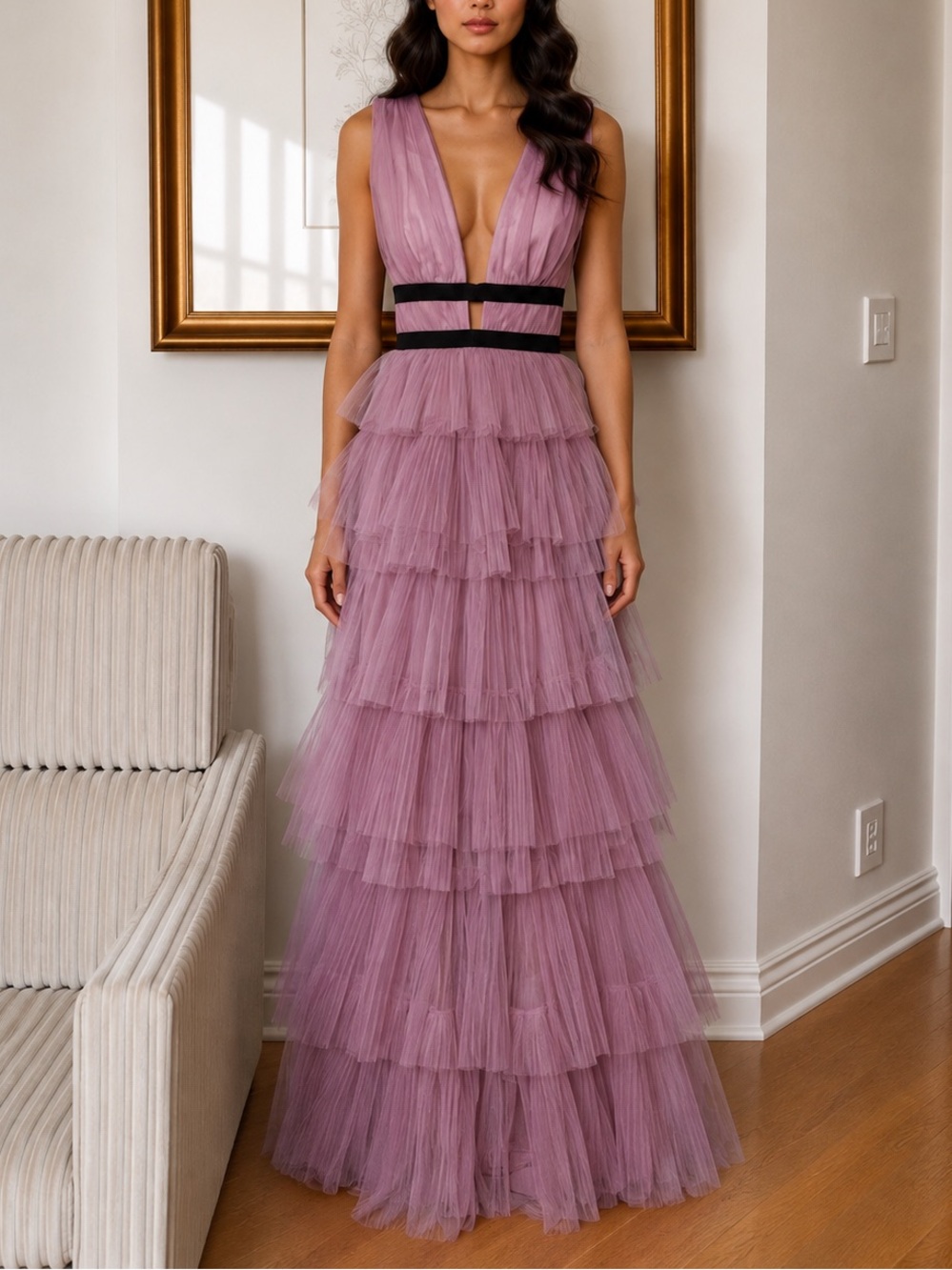Layered Mauve Tulle Maxi Dress with Black Waistband